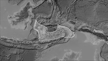 Téléchargez les photos : Plaque tectonique de la mer de Banda et limites des plaques adjacentes sur la carte d'élévation en niveaux de gris dans la projection cylindrique (oblique) de Patterson - en image libre de droit