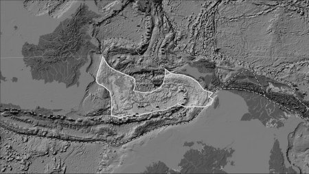 Téléchargez les photos : Distribution of known volcanoes around the Banda Sea tectonic plate on the bilevel elevation map in the Patterson Cylindrical (oblique) projection - en image libre de droit