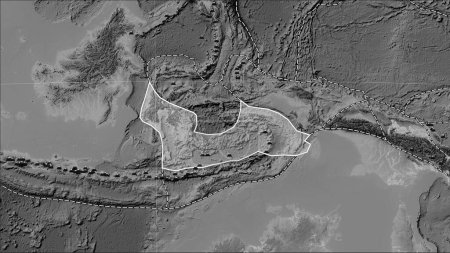 Téléchargez les photos : Distribution of known volcanoes around the Banda Sea tectonic plate on the grayscale elevation map in the Patterson Cylindrical (oblique) projection - en image libre de droit