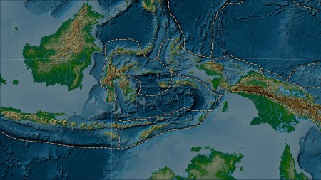Téléchargez les photos : Limites des plaques tectoniques adjacentes à la plaque tectonique de la mer de Banda sur la carte physique de l'altitude dans la projection cylindrique (oblique) Patterson - en image libre de droit