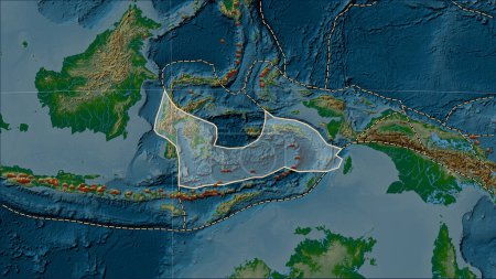 Téléchargez les photos : Distribution of known volcanoes around the Banda Sea tectonic plate on the physical elevation map in the Patterson Cylindrical (oblique) projection - en image libre de droit