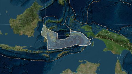 Foto de Placa tectónica del Mar de Banda y los límites de las placas adyacentes en el mapa satélite de mármol azul en la proyección cilíndrica Patterson (oblicua) - Imagen libre de derechos