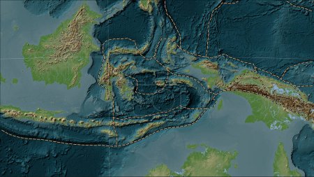 Téléchargez les photos : Limites des plaques tectoniques adjacentes à la plaque tectonique de la mer de Banda sur la carte d'élévation de style Wiki dans la projection cylindrique (oblique) Patterson - en image libre de droit