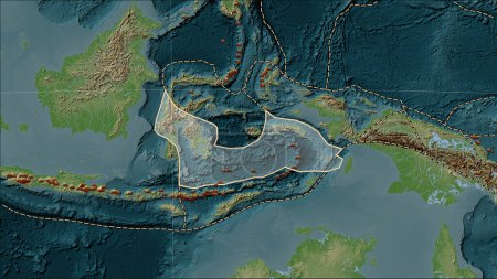 Téléchargez les photos : Distribution of known volcanoes around the Banda Sea tectonic plate on the Wiki style elevation map in the Patterson Cylindrical (oblique) projection - en image libre de droit