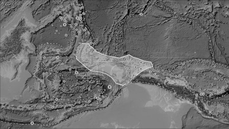 Téléchargez les photos : Emplacements des tremblements de terre à proximité de la plaque tectonique Birds Head supérieure à la magnitude 6,5 enregistrée depuis le début du XVIIe siècle sur la carte d'altitude en niveaux de gris dans la projection cylindrique (oblique) Patterson - en image libre de droit
