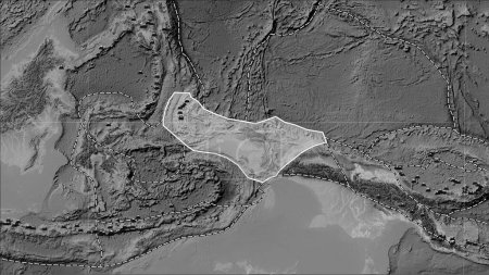 Téléchargez les photos : Distribution of known volcanoes around the Birds Head tectonic plate on the grayscale elevation map in the Patterson Cylindrical (oblique) projection - en image libre de droit