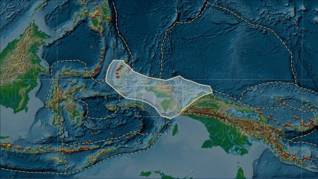 Foto de Distribución de volcanes conocidos alrededor de las aves Placa tectónica de cabeza en el mapa de elevación física en la proyección cilíndrica Patterson (oblicua) - Imagen libre de derechos