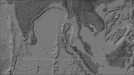 Téléchargez les photos : Limites des plaques tectoniques adjacentes à la plaque tectonique birmane sur la carte d'élévation bilevel dans la projection cylindrique (oblique) Patterson - en image libre de droit