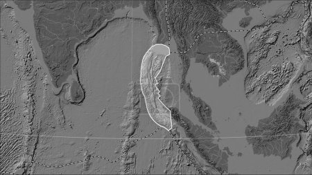 Photo for Burma tectonic plate and the boundaries of adjacent plates on the bilevel elevation map in the Patterson Cylindrical (oblique) projection - Royalty Free Image