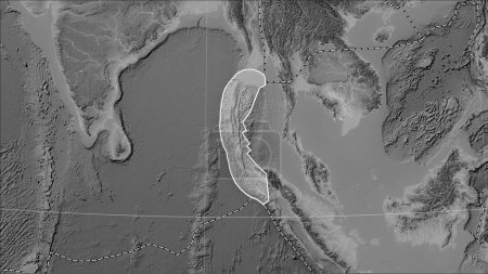 Photo for Burma tectonic plate and the boundaries of adjacent plates on the grayscale elevation map in the Patterson Cylindrical (oblique) projection - Royalty Free Image