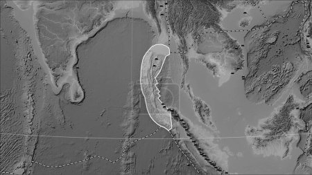 Photo for Distribution of known volcanoes around the Burma tectonic plate on the grayscale elevation map in the Patterson Cylindrical (oblique) projection - Royalty Free Image