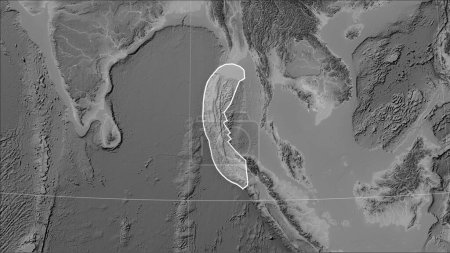 Téléchargez les photos : Forme de la plaque tectonique birmane sur la carte d'élévation en niveaux de gris dans la projection cylindrique (oblique) Patterson - en image libre de droit