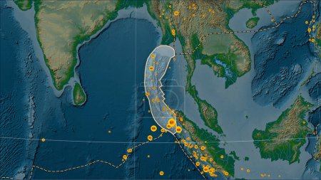 Photo for Locations of earthquakes in the vicinity of the Burma tectonic plate greater than magnitude 6.5 recorded since the early 17th century on the physical elevation map in the Patterson Cylindrical (oblique) projection - Royalty Free Image