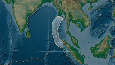 Photo for Burma tectonic plate and the boundaries of adjacent plates on the physical elevation map in the Patterson Cylindrical (oblique) projection - Royalty Free Image