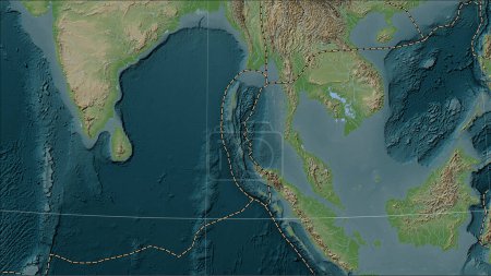 Foto de Límites de placas tectónicas adyacentes a la placa tectónica de Birmania en el mapa de elevación de estilo Wiki en la proyección cilíndrica (oblicua) de Patterson - Imagen libre de derechos