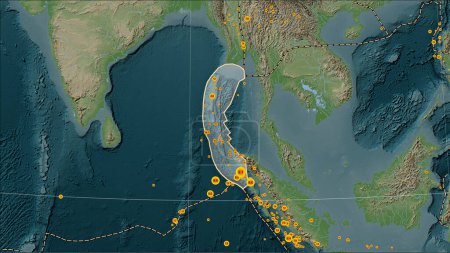 Photo for Locations of earthquakes in the vicinity of the Burma tectonic plate greater than magnitude 6.5 recorded since the early 17th century on the Wiki style elevation map in the Patterson Cylindrical (oblique) projection - Royalty Free Image