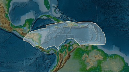 Téléchargez les photos : Forme de la plaque tectonique caribéenne sur la carte d'élévation physique dans la projection cylindrique (oblique) Patterson - en image libre de droit