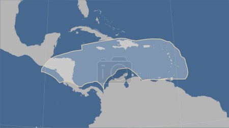Foto de Forma de la placa tectónica del Caribe en el mapa de contorno sólido en la proyección cilíndrica Patterson (oblicua) - Imagen libre de derechos