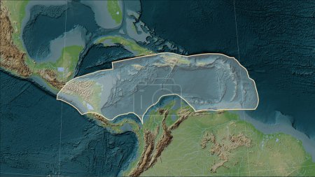 Téléchargez les photos : Forme de la plaque tectonique caribéenne sur la carte d'élévation de style Wiki dans la projection cylindrique (oblique) Patterson - en image libre de droit