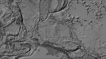 Téléchargez les photos : Limites des plaques tectoniques adjacentes à la plaque tectonique Caroline sur la carte de l'élévation bilevel dans la projection cylindrique (oblique) Patterson - en image libre de droit
