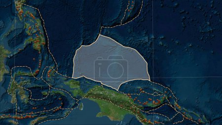 Téléchargez les photos : Distribution of known volcanoes around the Caroline tectonic plate on the Blue Marble satellite map in the Patterson Cylindrical (oblique) projection - en image libre de droit