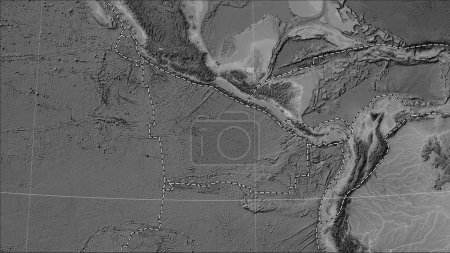 Téléchargez les photos : Limites des plaques tectoniques adjacentes à la plaque tectonique de Cocos sur la carte d'élévation en niveaux de gris dans la projection cylindrique (oblique) de Patterson - en image libre de droit