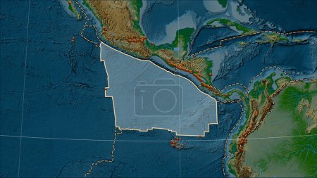Photo for Distribution of known volcanoes around the Cocos tectonic plate on the physical elevation map in the Patterson Cylindrical (oblique) projection - Royalty Free Image