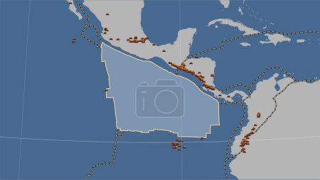 Foto de Distribución de volcanes conocidos alrededor de la placa tectónica de Cocos en el mapa de contorno sólido en la proyección cilíndrica Patterson (oblicua) - Imagen libre de derechos