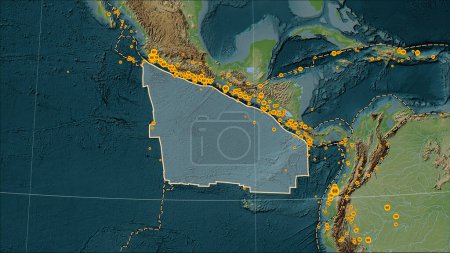 Téléchargez les photos : Emplacements des tremblements de terre à proximité de la plaque tectonique de Cocos plus grande que magnitude 6,5 enregistrée depuis le début du 17ème siècle sur la carte d'élévation de style Wiki dans la projection cylindrique (oblique) Patterson - en image libre de droit
