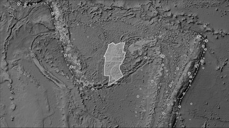 Téléchargez les photos : Emplacements des tremblements de terre à proximité de la plaque tectonique du récif Conway supérieure à la magnitude 6,5 enregistrée depuis le début du XVIIe siècle sur la carte d'élévation en niveaux de gris dans la projection cylindrique (oblique) de Patterson - en image libre de droit