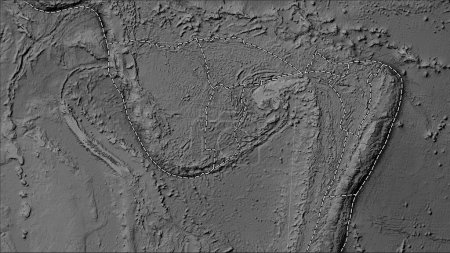 Téléchargez les photos : Limites des plaques tectoniques adjacentes à la plaque tectonique du récif Conway sur la carte d'élévation en niveaux de gris dans la projection cylindrique (oblique) Patterson - en image libre de droit