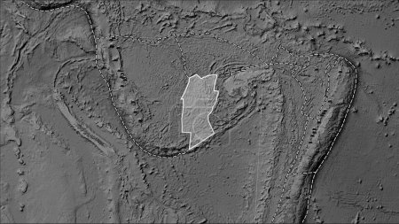 Foto de Distribución de volcanes conocidos alrededor de la placa tectónica del Arrecife de Conway en el mapa de elevación a escala de grises en la proyección cilíndrica (oblicua) de Patterson - Imagen libre de derechos