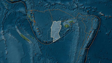 Foto de Distribución de volcanes conocidos alrededor de la placa tectónica del Arrecife de Conway en el mapa de elevación física en la proyección cilíndrica (oblicua) de Patterson - Imagen libre de derechos