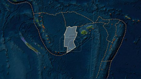 Foto de Distribución de volcanes conocidos alrededor de la placa tectónica del Arrecife de Conway en el mapa satélite de mármol azul en la proyección cilíndrica (oblicua) de Patterson - Imagen libre de derechos