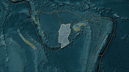 Photo for Conway Reef tectonic plate and the boundaries of adjacent plates on the Wiki style elevation map in the Patterson Cylindrical (oblique) projection - Royalty Free Image