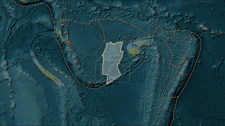 Téléchargez les photos : Distribution of known volcanoes around the Conway Reef tectonic plate on the Wiki style elevation map in the Patterson Cylindrical (oblique) projection - en image libre de droit