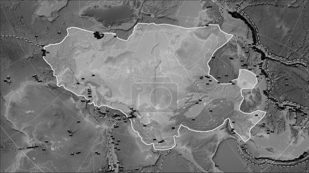Téléchargez les photos : Emplacements des tremblements de terre à proximité de la plaque tectonique eurasienne supérieure à 6,5 enregistrés depuis le début du XVIIe siècle sur la carte d'élévation en niveaux de gris dans la projection cylindrique (oblique) de Patterson - en image libre de droit