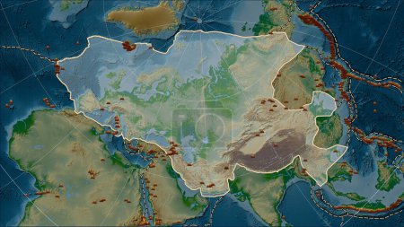 Photo for Locations of earthquakes in the vicinity of the Eurasian tectonic plate greater than magnitude 6.5 recorded since the early 17th century on the physical elevation map in the Patterson Cylindrical (oblique) projection - Royalty Free Image