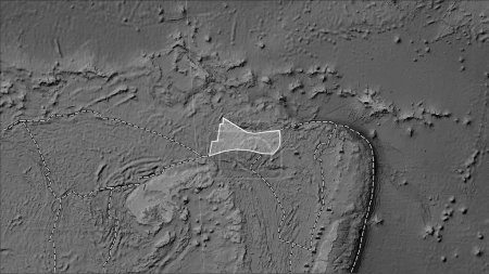 Téléchargez les photos : Emplacements des tremblements de terre à proximité de la plaque tectonique de Futuna plus de magnitude 6,5 enregistrés depuis le début du XVIIe siècle sur la carte d'élévation en niveaux de gris dans la projection cylindrique (oblique) de Patterson - en image libre de droit