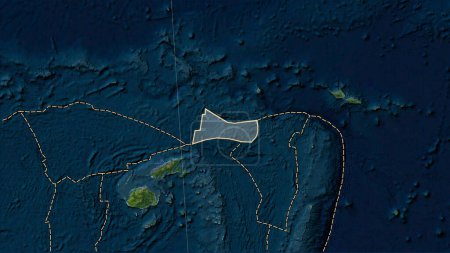 Téléchargez les photos : Distribution of known volcanoes around the Futuna tectonic plate on the Blue Marble satellite map in the Patterson Cylindrical (oblique) projection - en image libre de droit