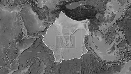 Foto de Placa tectónica india y los límites de las placas adyacentes en el mapa de elevación a escala de grises en la proyección cilíndrica Patterson (oblicua) - Imagen libre de derechos