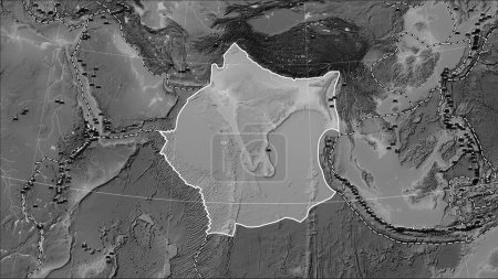 Téléchargez les photos : Distribution of known volcanoes around the Indian tectonic plate on the grayscale elevation map in the Patterson Cylindrical (oblique) projection - en image libre de droit