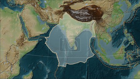 Photo for Indian tectonic plate and the boundaries of adjacent plates on the Wiki style elevation map in the Patterson Cylindrical (oblique) projection - Royalty Free Image