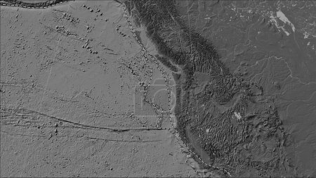 Foto de Placa tectónica de Juan de Fuca y los límites de las placas adyacentes en el mapa de elevación bilevel en la proyección cilíndrica Patterson (oblicua) - Imagen libre de derechos