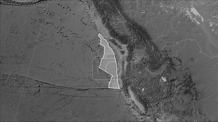 Téléchargez les photos : Distribution of known volcanoes around the Juan de Fuca tectonic plate on the grayscale elevation map in the Patterson Cylindrical (oblique) projection - en image libre de droit