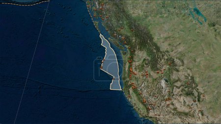 Téléchargez les photos : Emplacements des tremblements de terre à proximité de la plaque tectonique Juan de Fuca plus grande que la magnitude 6,5 enregistrée depuis le début du 17ème siècle sur la carte satellite Blue Marble dans la projection cylindrique (oblique) Patterson - en image libre de droit