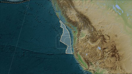 Téléchargez les photos : Distribution of known volcanoes around the Juan de Fuca tectonic plate on the Wiki style elevation map in the Patterson Cylindrical (oblique) projection - en image libre de droit