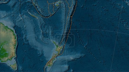Téléchargez les photos : Plaque tectonique Kermadec et limites des plaques adjacentes sur la carte physique d'élévation dans la projection cylindrique (oblique) Patterson - en image libre de droit