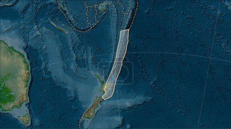 Téléchargez les photos : Distribution of known volcanoes around the Kermadec tectonic plate on the physical elevation map in the Patterson Cylindrical (oblique) projection - en image libre de droit