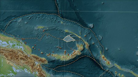 Photo for Locations of earthquakes in the vicinity of the Manus tectonic plate greater than magnitude 6.5 recorded since the early 17th century on the Wiki style elevation map in the Patterson Cylindrical (oblique) projection - Royalty Free Image